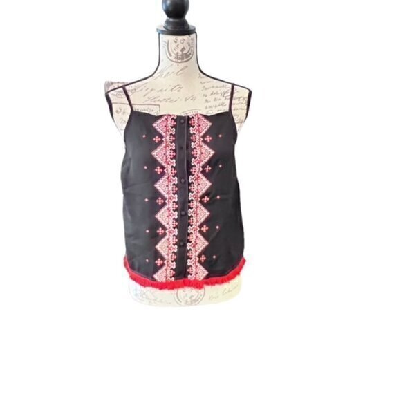 ASOS Fringed Western Tank Top Womens Black Red Embroidered Rockabilly Size 0 - Picture 1 of 11